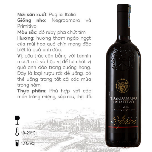 Rượu Vang Ý Negroamaro Primitivo Puglia Terra Aprica