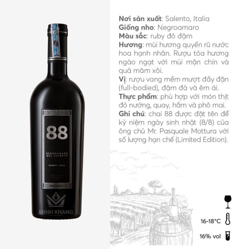 Rượu vang đỏ 88 Negroamaro Del Salento – Dấu ấn tinh tế trong lòng người thưởng thức